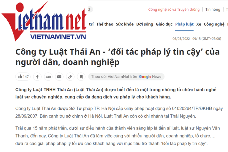 VietNamNet | Công ty Luật Thái An – ‘đối tác pháp lý tin cậy’ của người dân, doanh nghiệp
