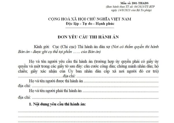 đơn yêu cầu thi hành án