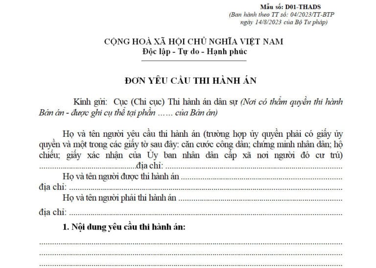 Mẫu đơn yêu cầu thi hành án mới nhất